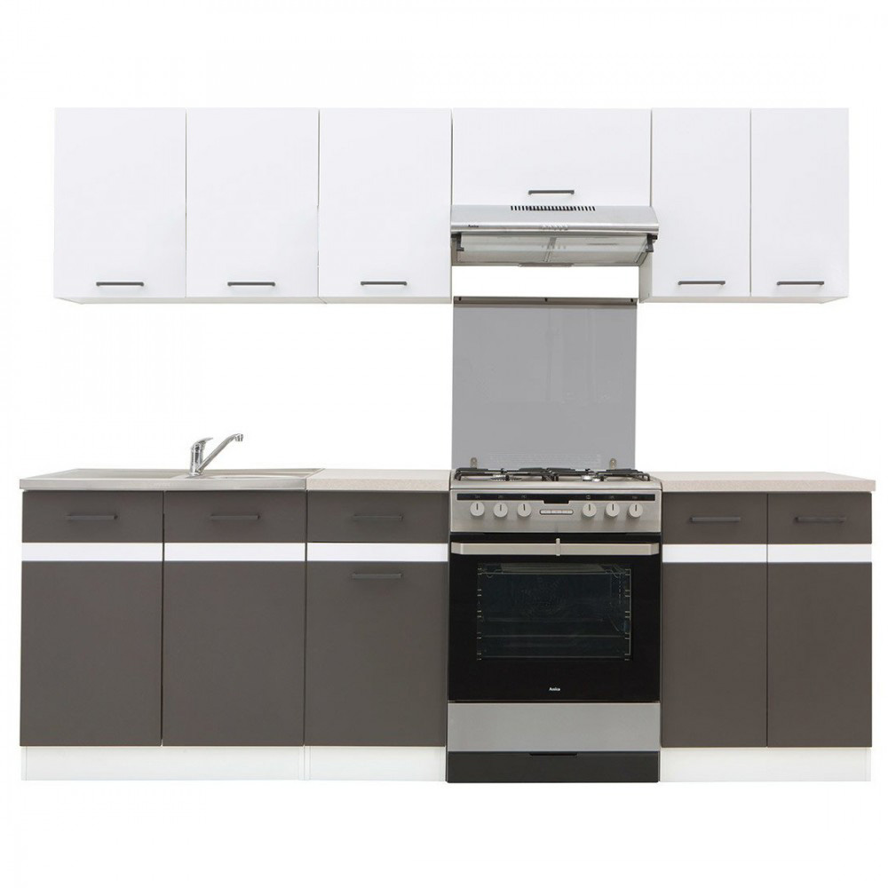 1-115 Junona 240 ΣΥΝΘΕΣΗ ΚΟΥΖΙΝΑΣ 240cm ΣΕ ΓΚΡΙ-ΓΥΑΛΙΣΤΕΡΟ ΛΕΥΚΟ - Image 1