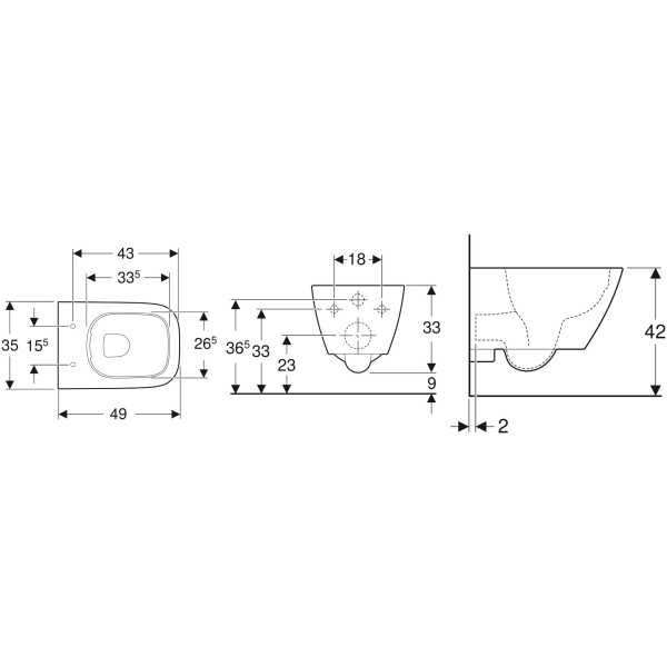 ΛΕΚΑΝΗ ΚΡΕΜΑΣΤΗ SMYLE SQUARE 49cm RIMLESS ΛΕΥΚΗ GEBERIT ΧΩΡΙΣ ΚΑΛΥΜΜΑ - Image 3