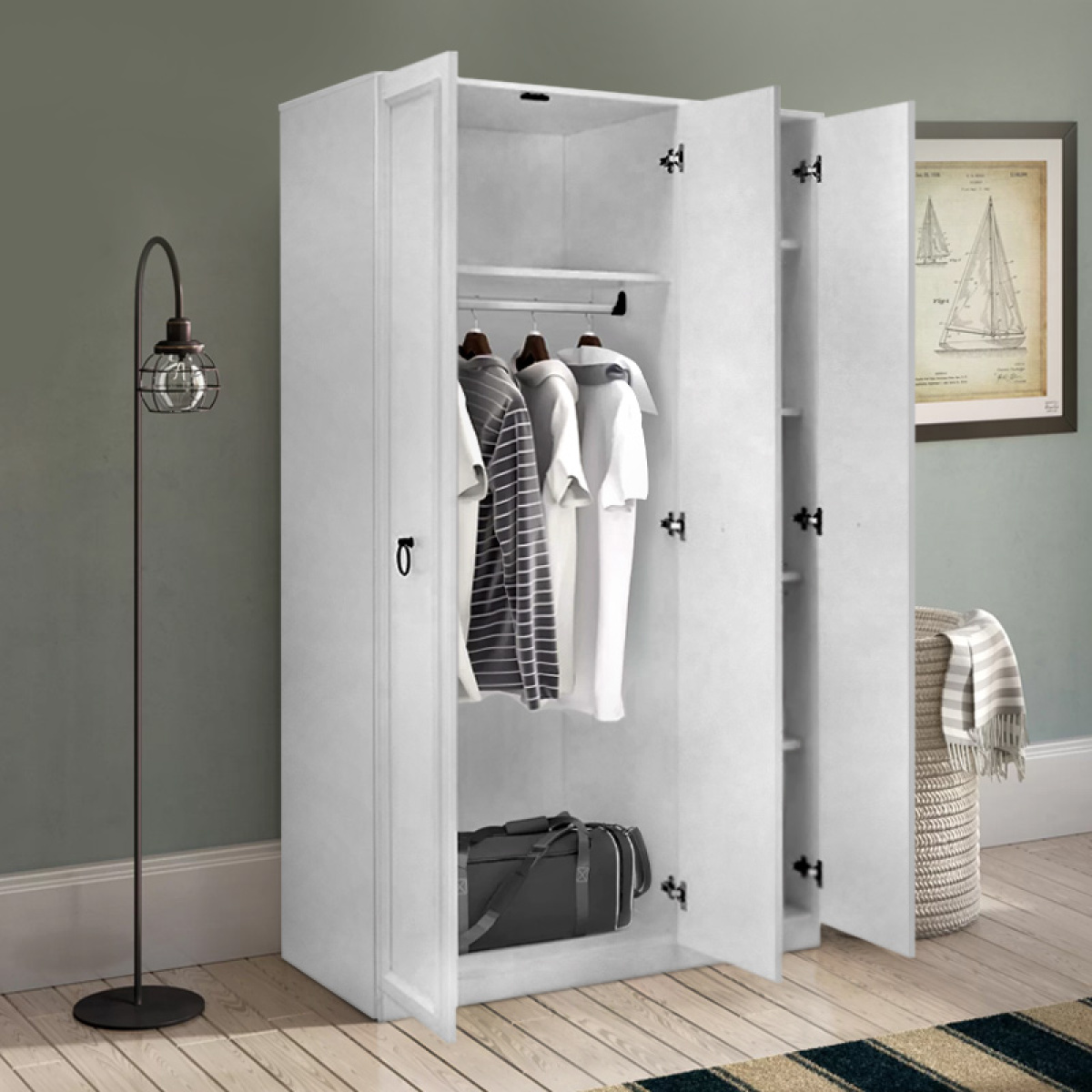 Ντουλάπα ρούχων Hampton Megapap τρίφυλλη χρώμα λευκό 103x52x185εκ. - Image 2