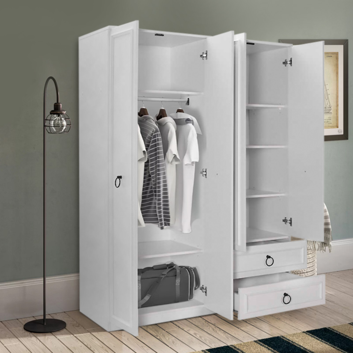 Ντουλάπα ρούχων Hampton Megapap τετράφυλλη χρώμα λευκό 140x52x185εκ. - Image 2