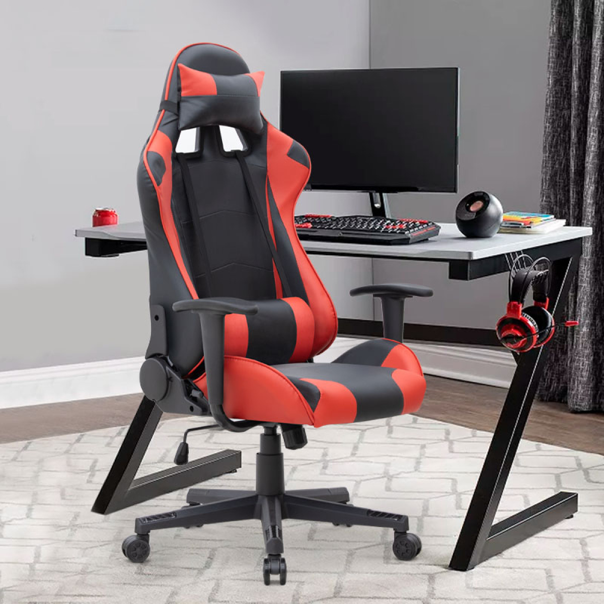 Καρέκλα γραφείου Gaming Alonso Megapap από τεχνόδερμα χρώμα κόκκινο - μαύρο 67x70x125/135 εκ. - Image 3