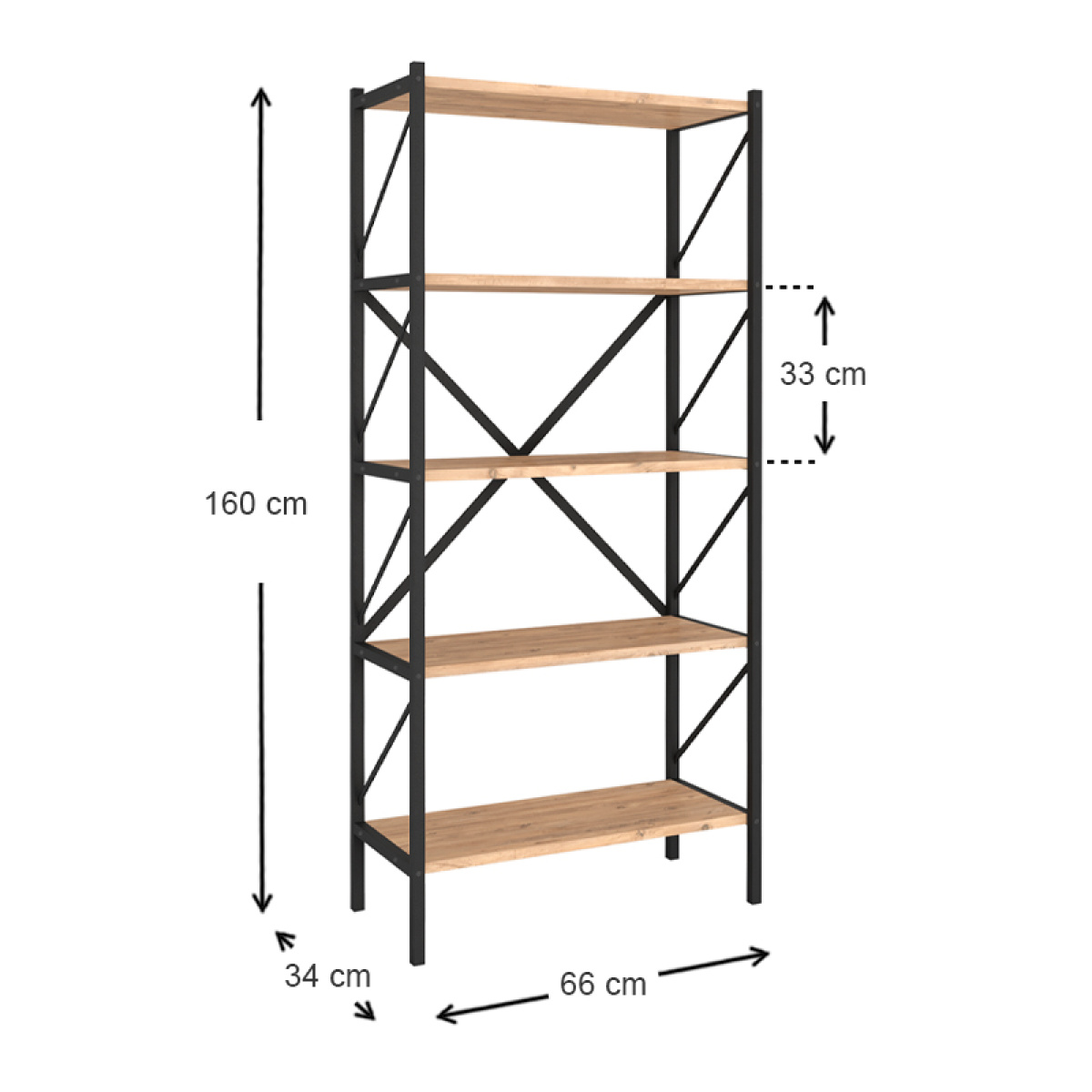 Βιβλιοθήκη Jocasta Megapap μεταλλική - μελαμίνης χρώμα pine oak 66x34x160εκ. - Image 4