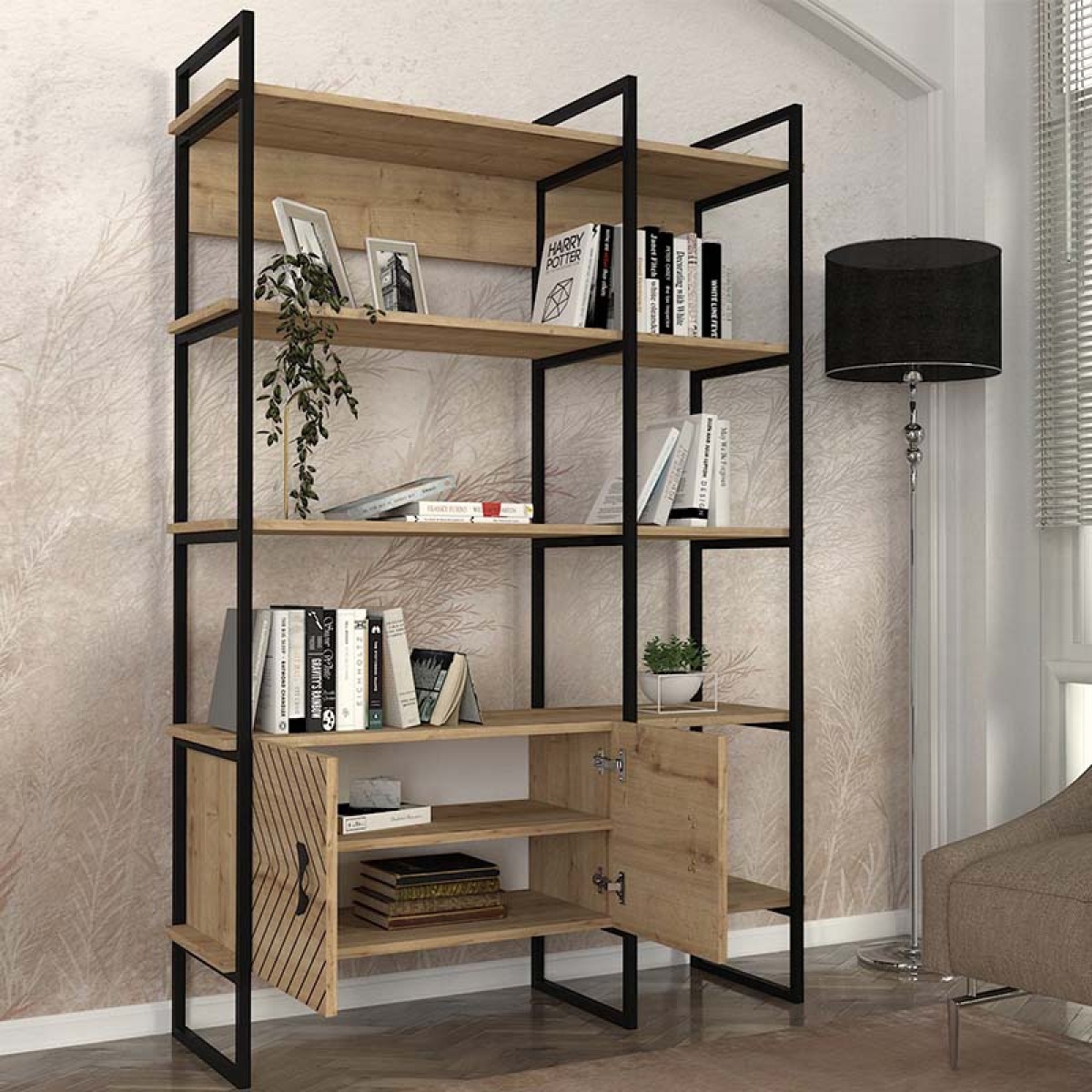 Βιβλιοθήκη Eduardo Megapap μεταλλική - μελαμίνης χρώμα sapphire oak 120x39x180εκ. - Image 2