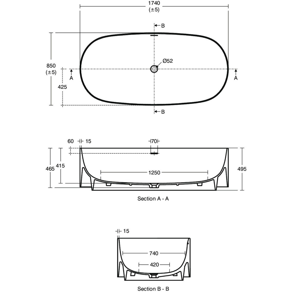ΜΠΑΝΙΟ ΟΒΑΛ ATELIER LINDA-X 175x85cm ΕΛΕΥΘΕΡΗΣ ΤΟΠΟΘΕΤΗΣΗΣ ΛΕΥΚΟ ΜΑΤ IDEAL - Image 2
