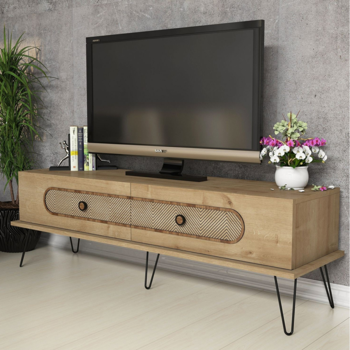 ΕΠΙΠΛΟ ΤΗΛΕΟΡΑΣΗΣ HM9511.02 ΜΕΛΑΜΙΝΗΣ ΦΥΣΙΚΟ OAK ΧΡΩΜΑ ΜΕΤΑΛΛΙΚΑ ΠΟΔΙΑ 145x40x45Yεκ. - Image 2