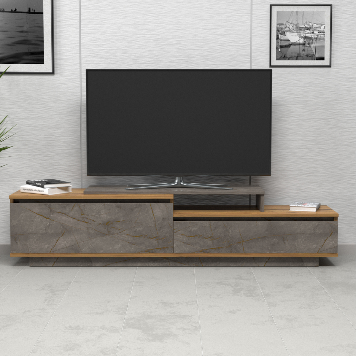ΕΠΙΠΛΟ TV LEIS HM18186 ΜΕΛΑΜΙΝΗ ΣΕ ΦΥΣΙΚΟ ΞΥΛΟΥ & ΟΨΗ ΓΚΡΙ ΜΑΡΜΑΡΟ 180x35x42Υεκ. - Image 2