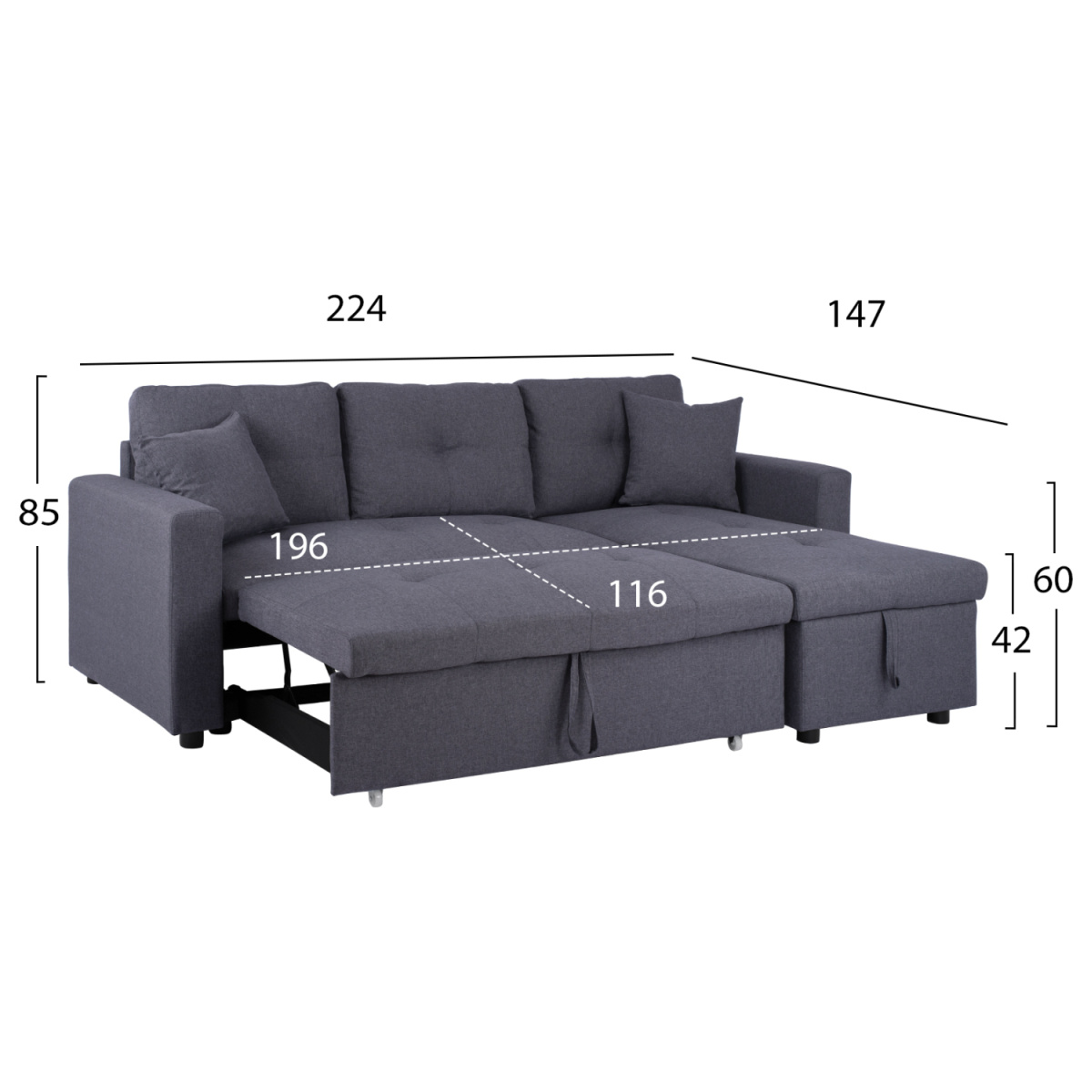 ΚΑΝΑΠΕΣ ΓΩΝΙΑ ΚΡΕΒΑΤΙ WAYNE 224x147x85Υεκ. HM3028.11 ΓΚΡΙ ΥΦΑΣΜΑ - Image 2