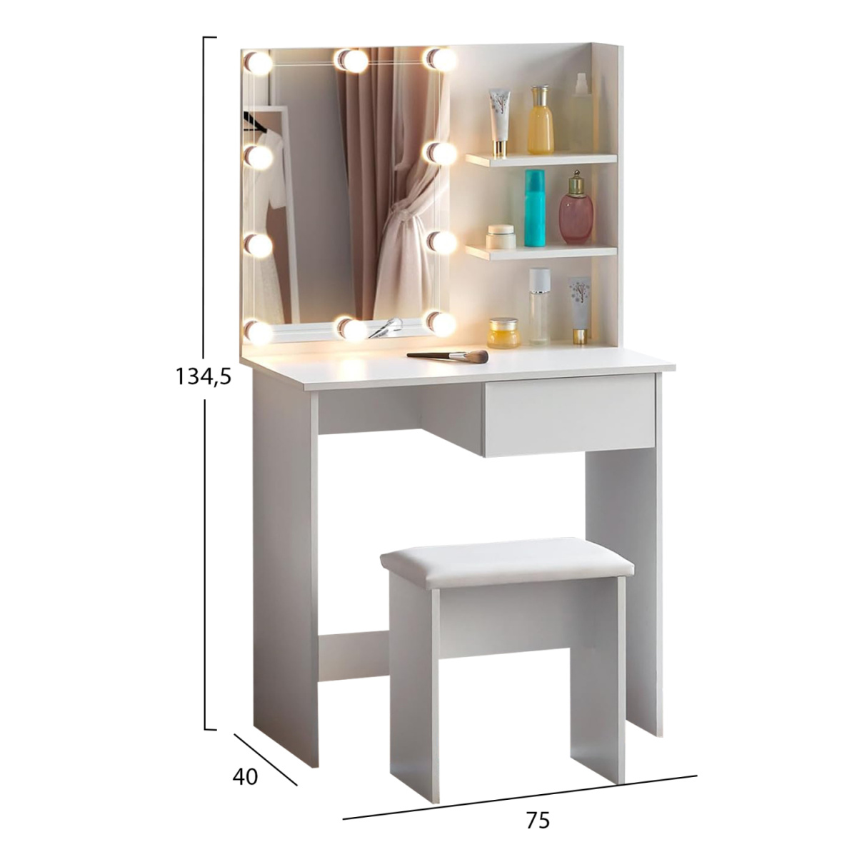 ΤΟΥΑΛΕΤΑ ΜΕ ΦΩΤΙΣΜΟ LED & ΡΑΦΙΑ LAURYN HM2501.03 ΜΕΛΑΜΙΝΗ ΣΕ ΛΕΥΚΟ 75x40x134.5Υεκ - Image 2