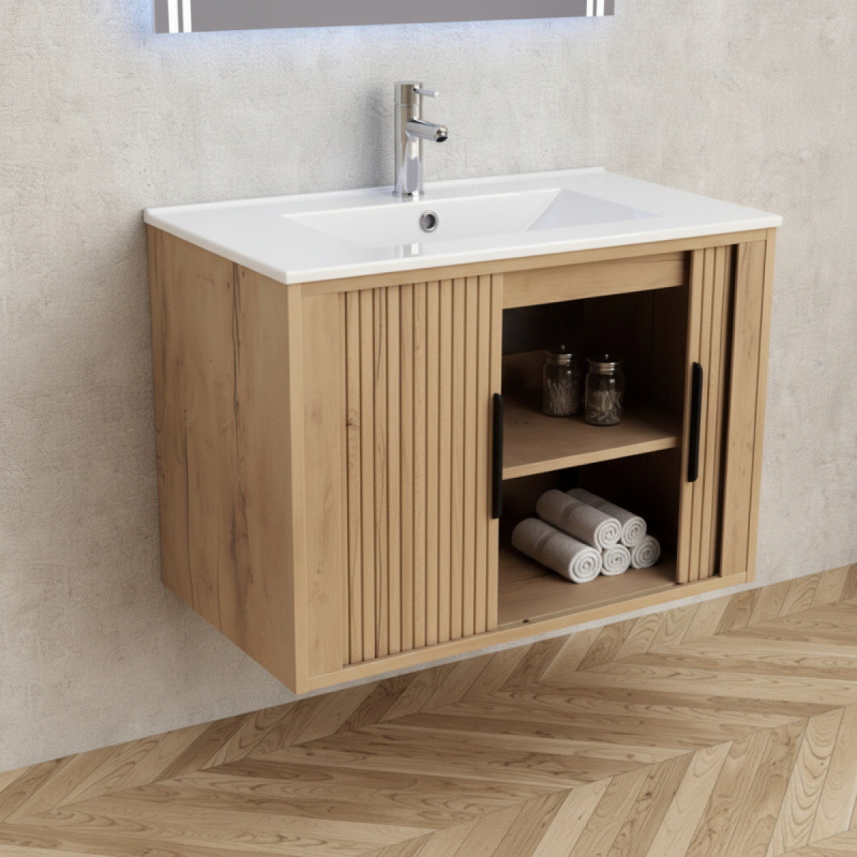 Έπιπλο μπάνιου AREZZO 8045 WOODEN με λευκό νιπτήρα 8066 - Image 2