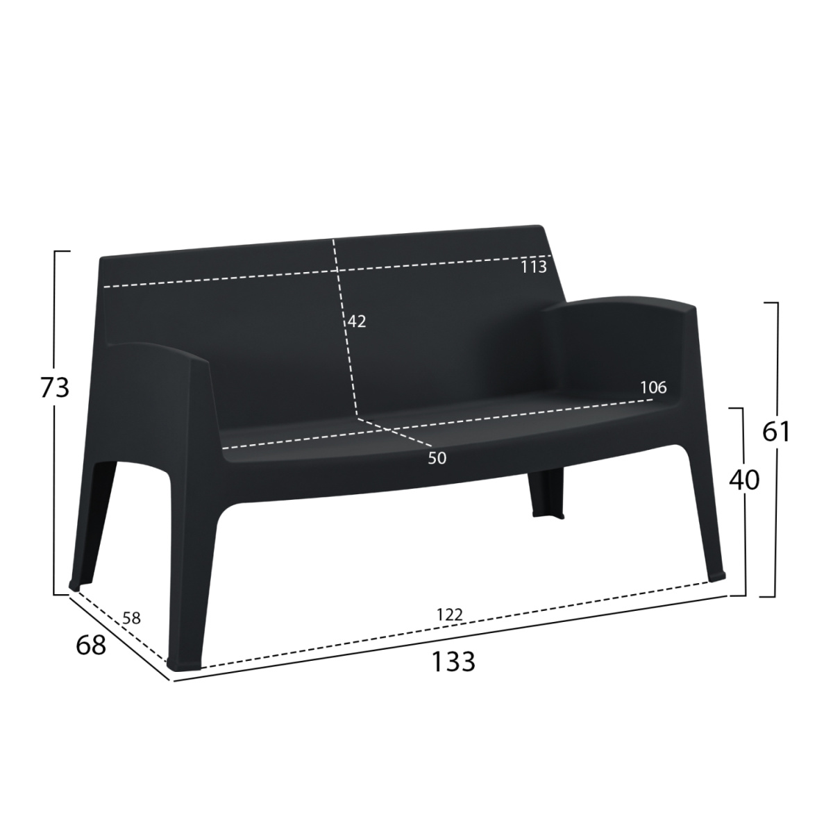 ΚΑΝΑΠΕΣ 2-ΘΕΣΙΟΣ ΠΟΛΥΠΡΟΠΥΛΕΝΙΟΥ SLEEK HM6366.02 ΧΡΩΜΑ ΜΑΥΡΟ 133x68x73Υεκ. - Image 2