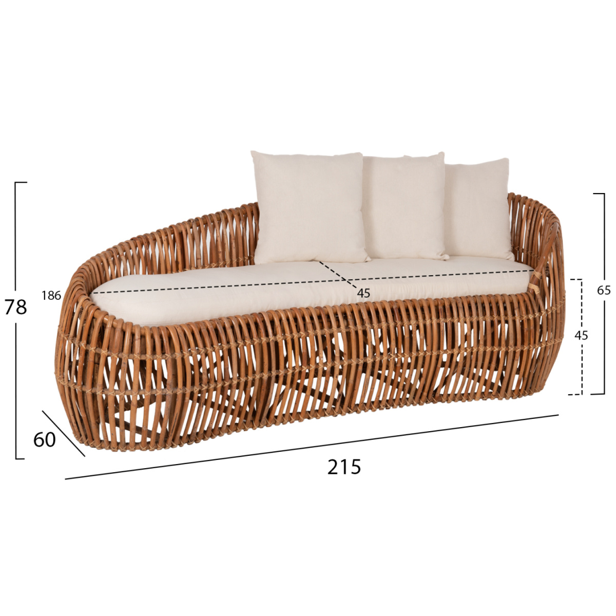 ΚΑΝΑΠΕΣ-ΑΝΑΚΛΙΝΤΡΟ LANTRY HM5991 ΦΥΣΙΚΟ RATTAN- ΛΕΥΚΑ ΜΑΞΙΛΑΡΙΑ 215x60x78Yεκ. - Image 2
