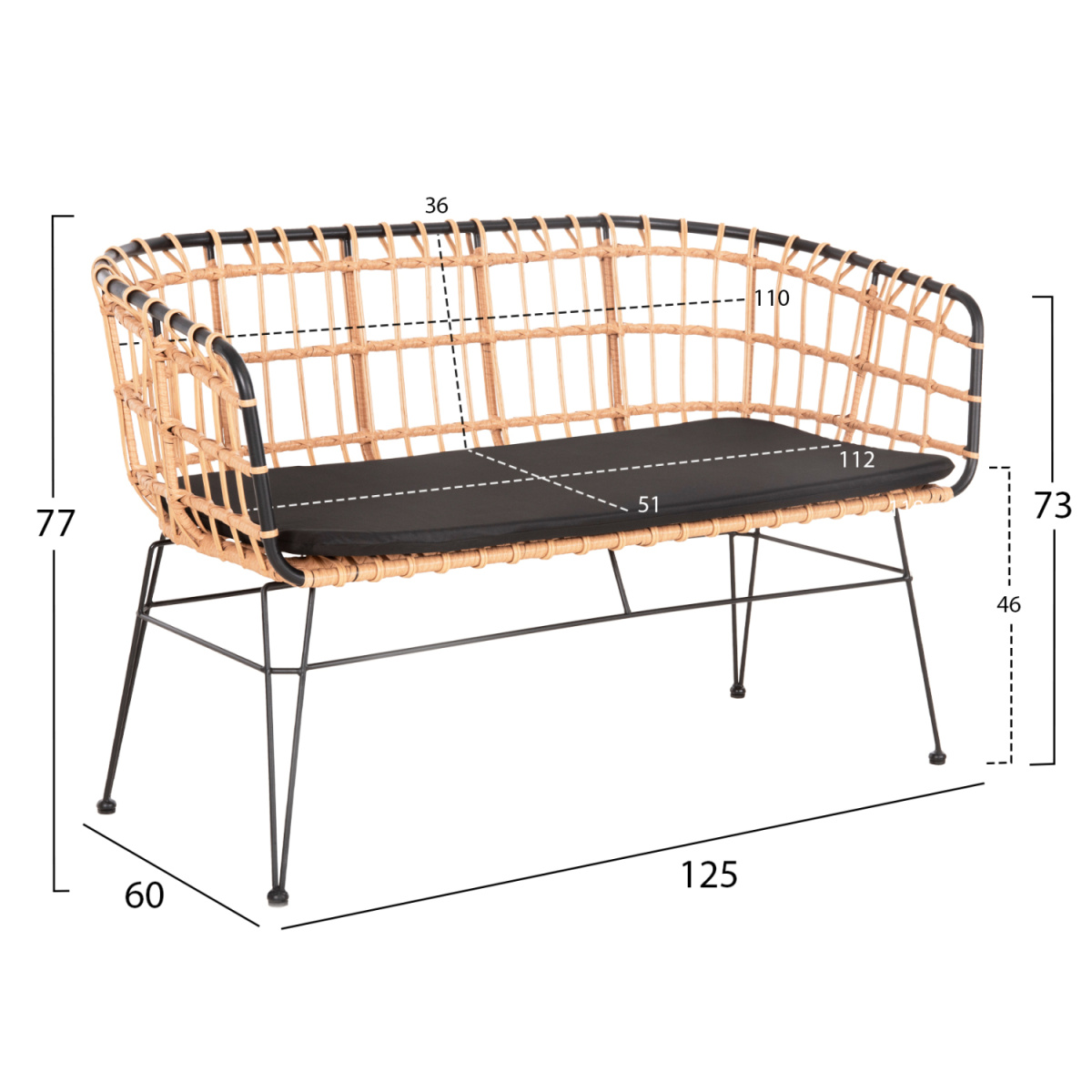 ΠΑΓΚΑΚΙ ΔΙΘΕΣΙΟ ALLEGRA HM5692.11 P.E.RATTAN ΜΠΕΖ-ΜΑΥΡΟΣ ΜΕΤΑΛ.ΣΚΕΛΕΤΟΣ 125x60x77Υεκ - Image 2