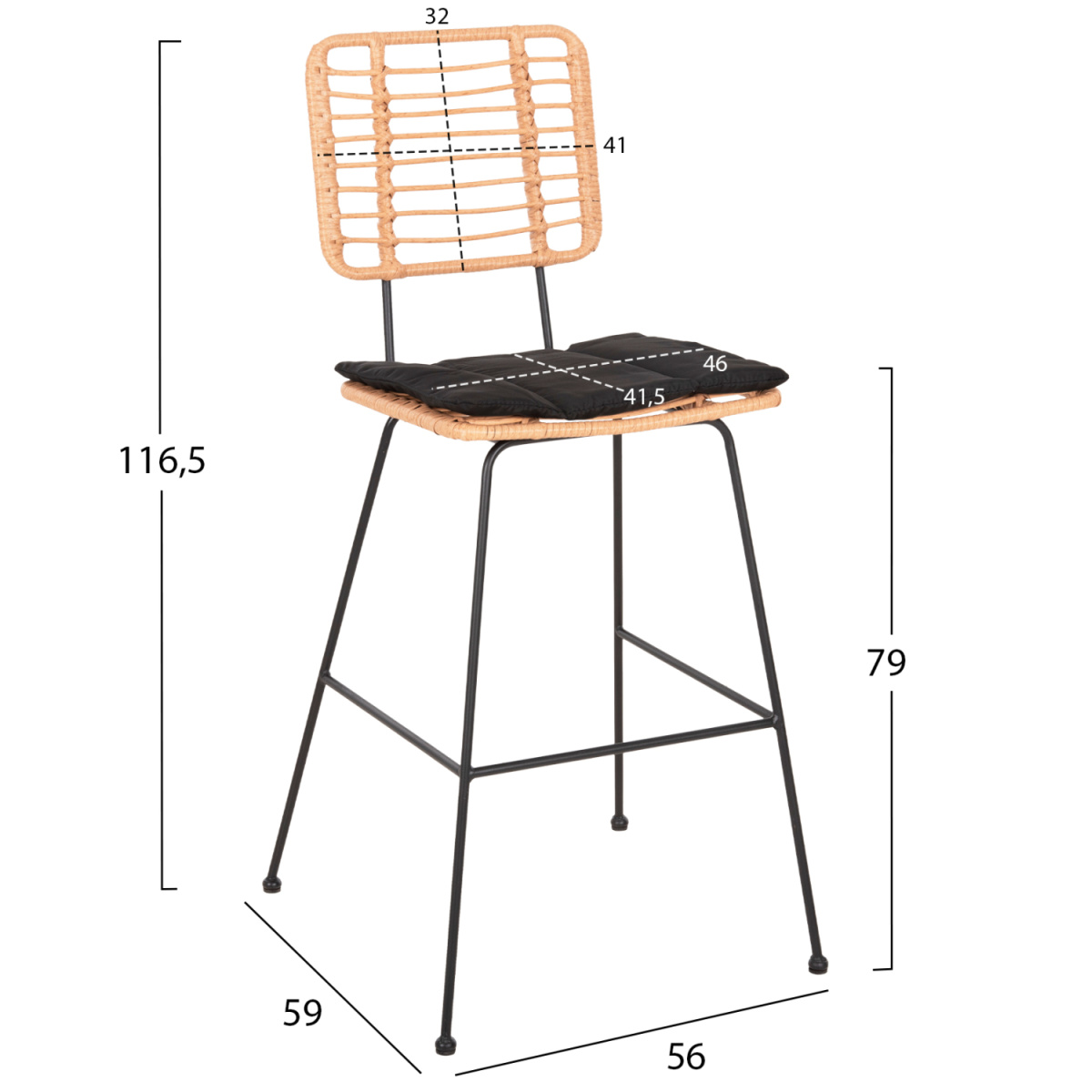 ΣΚΑΜΠΟ ΜΠΑΡ ALLEGRA HM5455.11 ΜΕΤΑΛΛΟ&ΜΑΞΙΛΑΡΙ ΜΑΥΡΟ-WICKER ΜΠΕΖ 56x59x116,5Υεκ. - Image 2