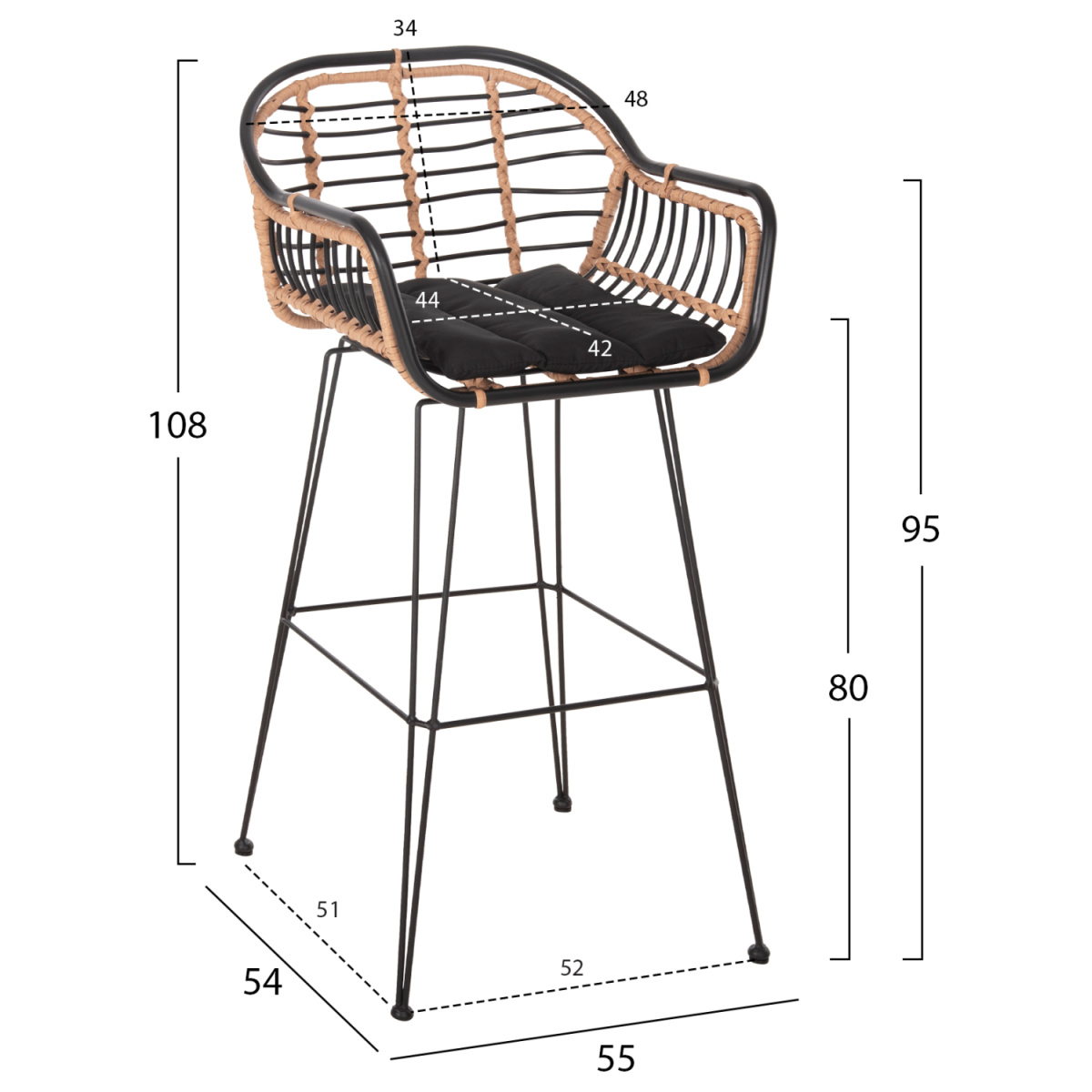 ΣΚΑΜΠΟ ΜΠΑΡ ALLEGRA HM5690.11 ΜΕΤΑΛΛΟ&ΜΑΞΙΛΑΡΙ ΜΑΥΡΟ-WICKER ΜΠΕΖ 55x54x108Υεκ. - Image 2