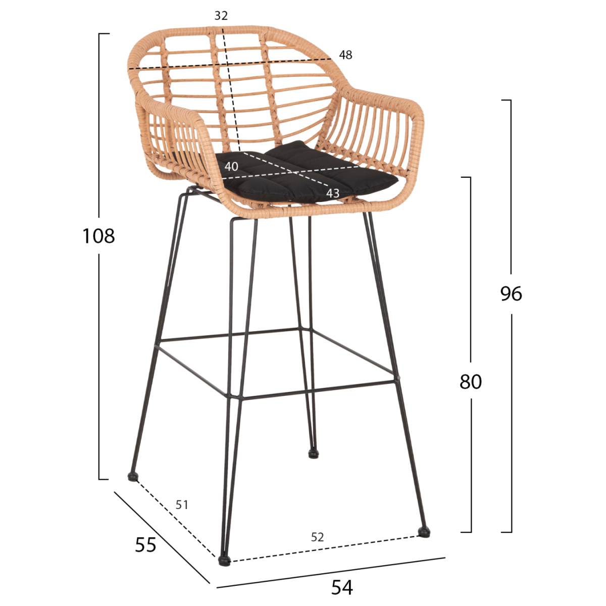 ΣΚΑΜΠΟ ΜΠΑΡ ΨΗΛΟ ALLEGRA HM5640.11 ΜΠΕΖ P.E. RATTAN-ΜΑΥΡΟ ΜΕΤΑΛΛΟ 54x55x108Υεκ. - Image 2