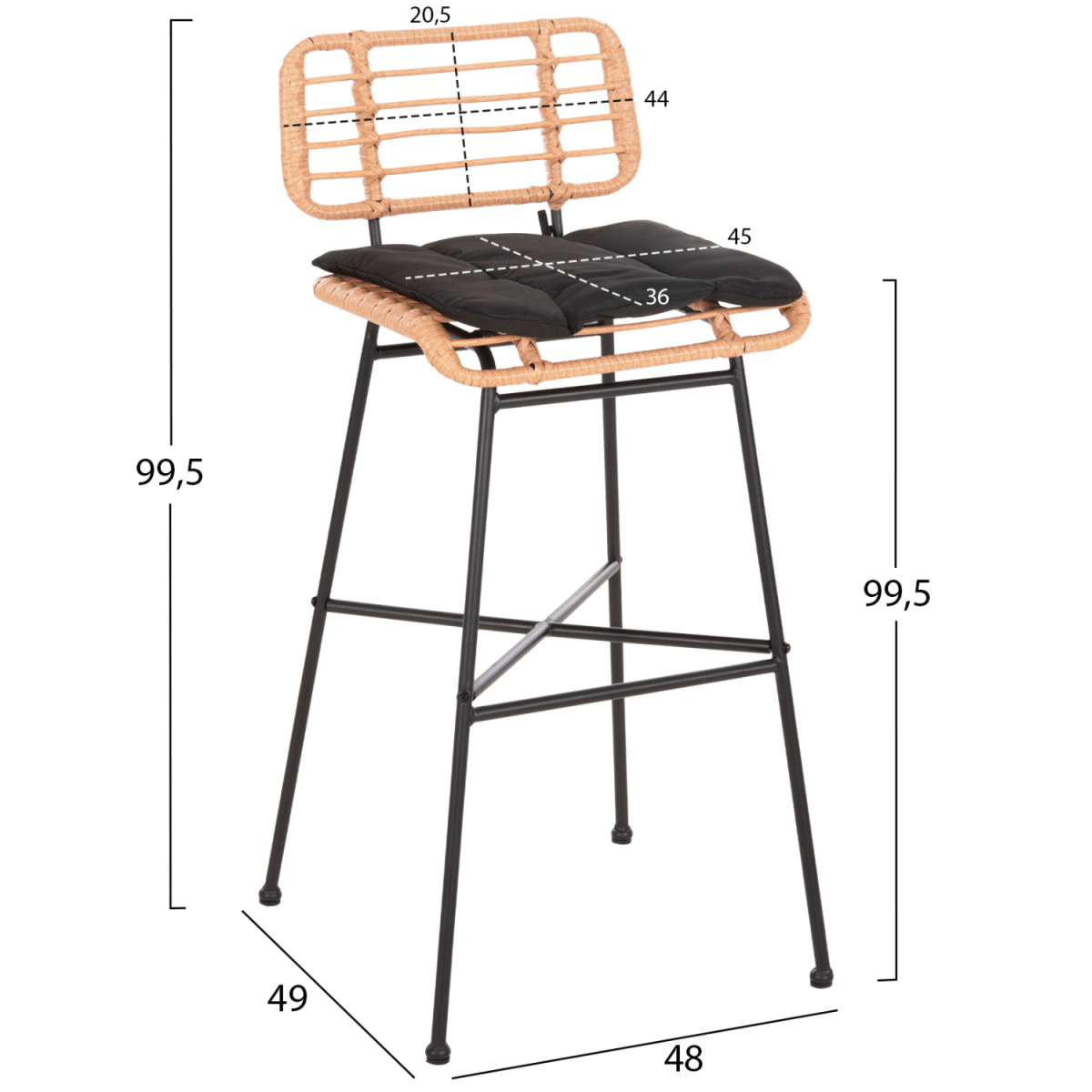 ΣΚΑΜΠΟ ΜΠΑΡ ΨΗΛΟ ALLEGRA HM5708.11 ΜΕΤΑΛΛΟ&ΜΑΞΙΛΑΡΙ ΜΑΥΡΟ-WICKER ΜΠΕΖ 48x49x99,5Υεκ. - Image 2